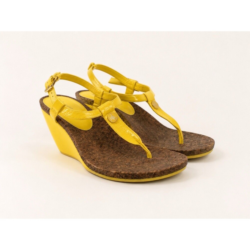 Lauren Ralph Lauren Reeta Yellow Cork Wedge Sandals T-Strap Sz 10 Patent RL Logo